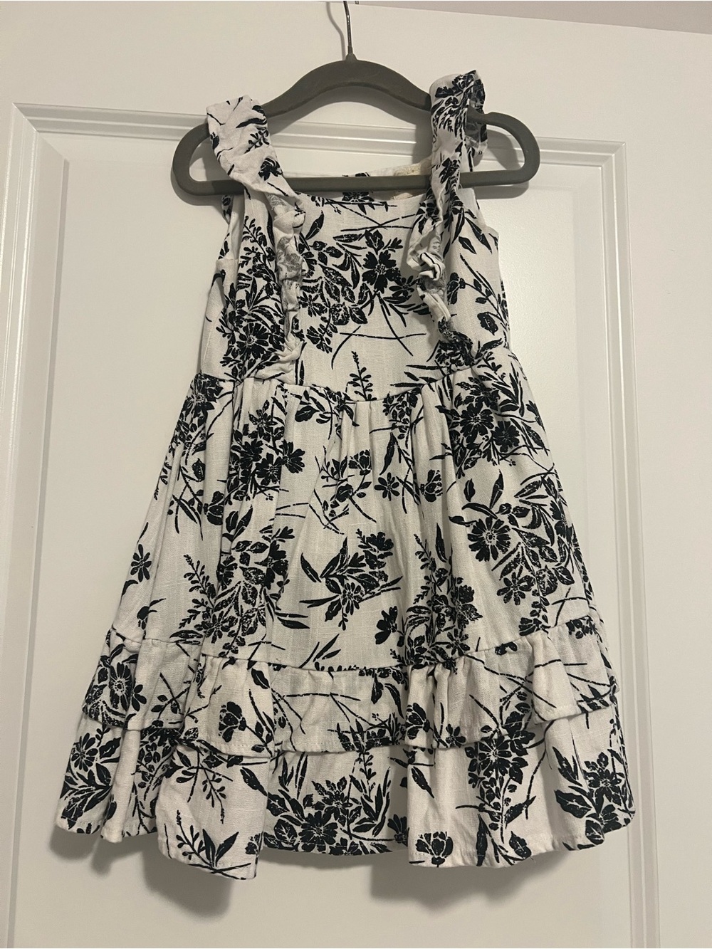 btween White Dress with Black Floral Ruffle Straps